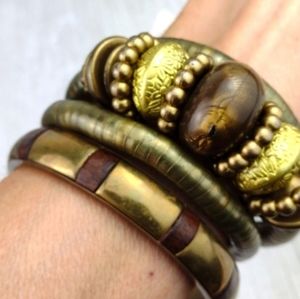Brassy Boho Wood & Gold Tone-Bead Smooth Puka-Style Spiral Bangle Bracelet Combo